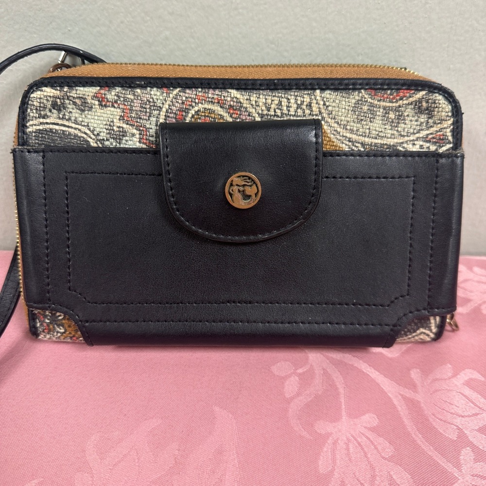 Spartina‎ 449 Paisley Linen Leather Crossbody Wallet Bag Black Gold
